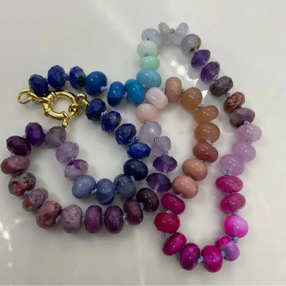 Rainbow hand knotted beaded gemstone necklace 18” blue pink purple 925 silver - Picture 5 of 7